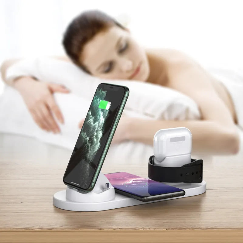 Black and white multifunctional wireless charging mobile phone holder with multiple device charging areas