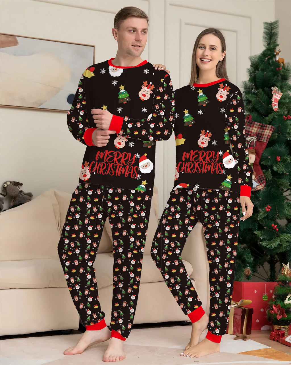 Family wearing matching Christmas pyjamas with plaid and cartoon prints, including parents, children and dog