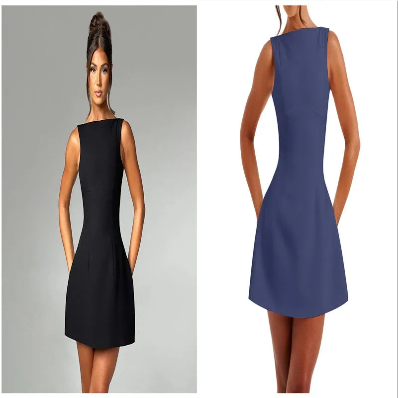 Women's slim-fitting backless sleeveless dress in a sling style with a high waist and short skirt.