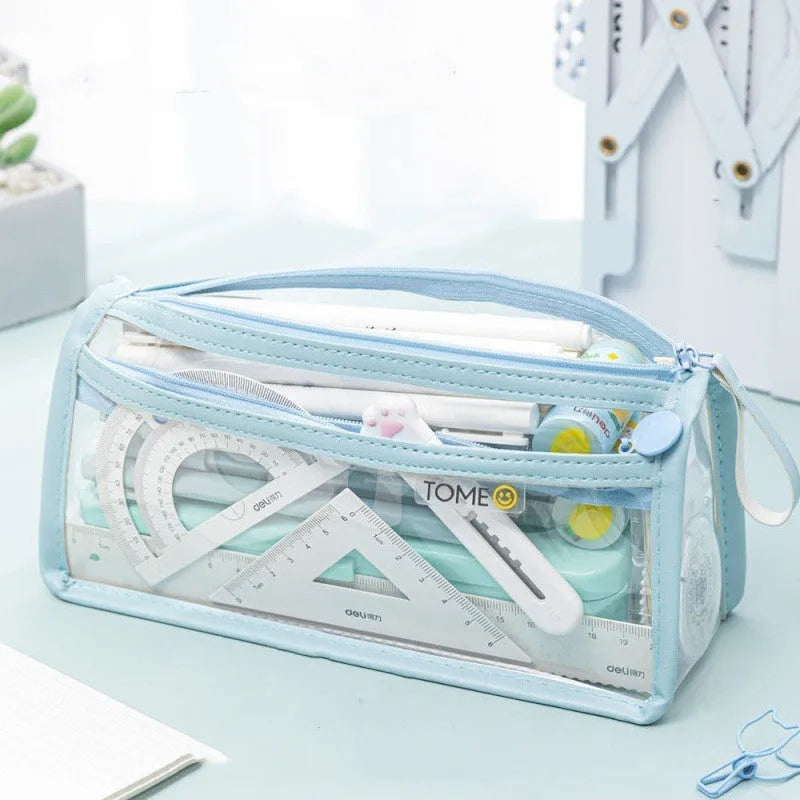 Transparent double-layer pencil case showing two compartments, dimensions 220x110x80mm