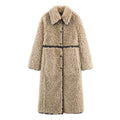 Women's khaki fleece long overcoat with spandex blend, shown in size XS to L