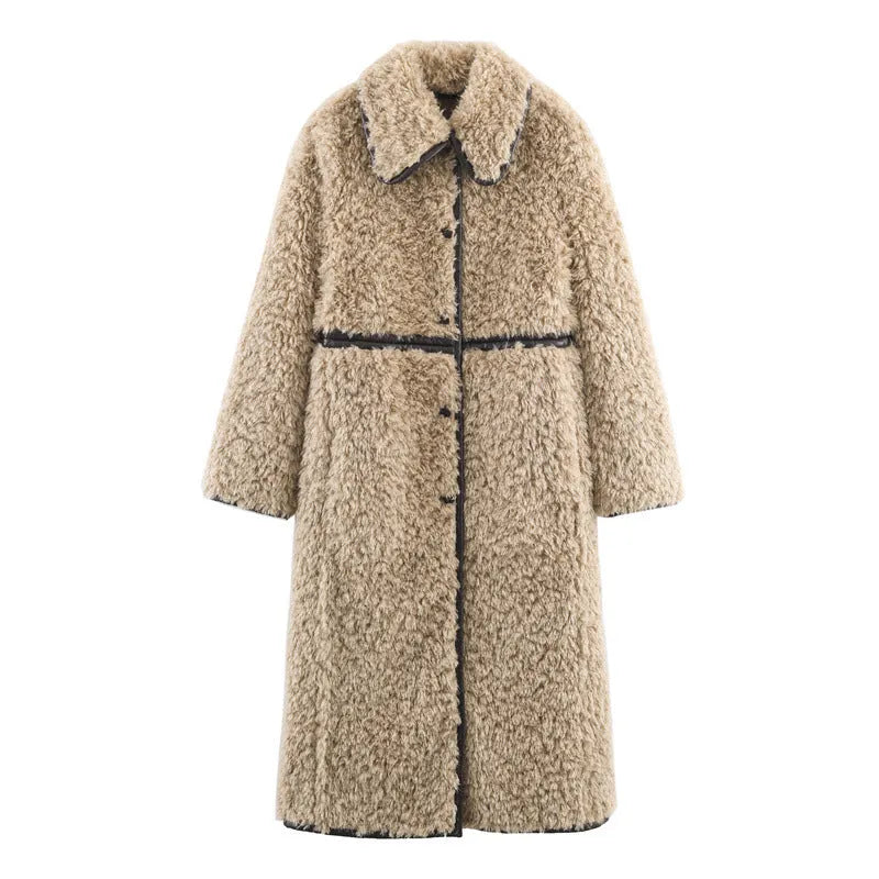 Women's khaki fleece long overcoat with spandex blend, shown in size XS to L