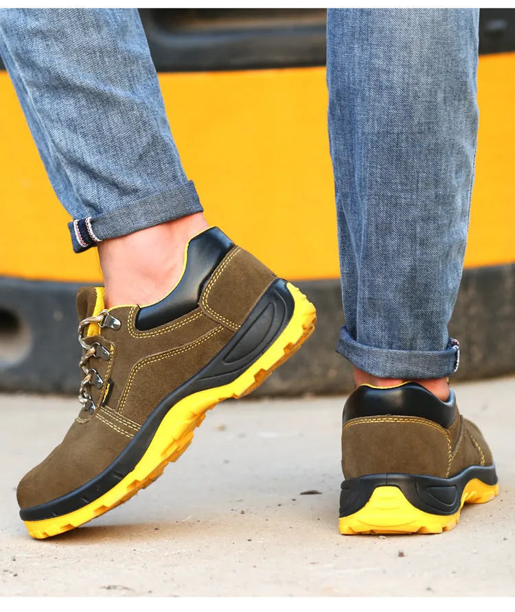 Bronze steel toe safety shoes with cowhide suede upper and patterned sole