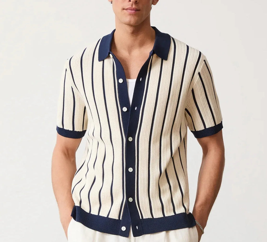 Men's white asymmetric lapel knitted shirt with short sleeves and British style design