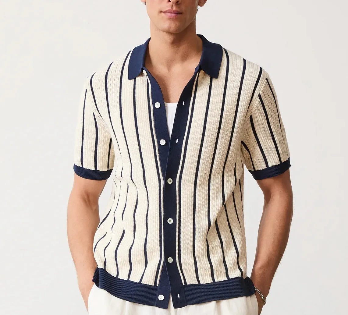 Men's white asymmetric lapel knitted shirt with short sleeves and British style design