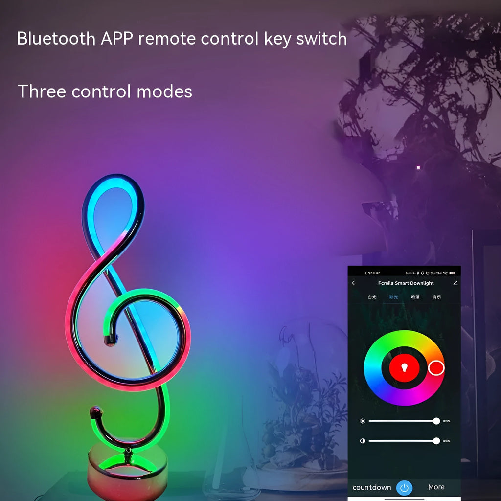 Black musical note light with app control for white, warm, and RGB colour lighting modes