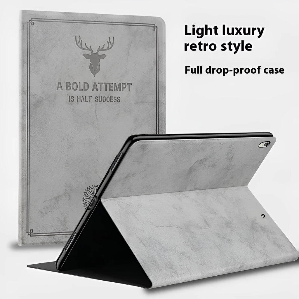 iPad TPU leather protective case in clamshell design showing front and back views