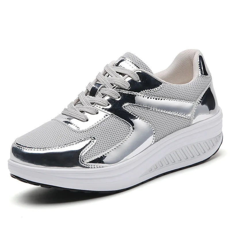 Women's gold mesh sports shoes with platform heel and cross-strap design