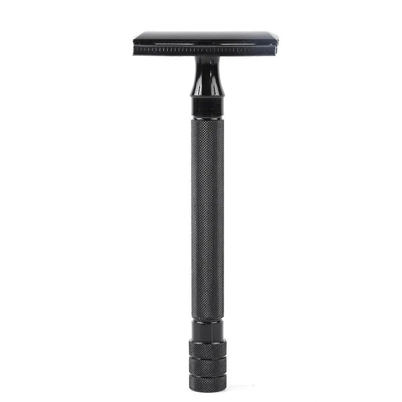 Old-fashioned manual metal shaver and brush set for traditional wet shaving, shown in black and silver options.