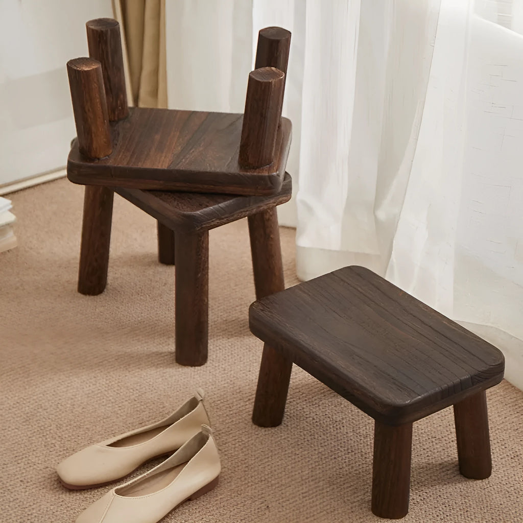 Solid wood distressed finish shoes changing stool with bracket structure