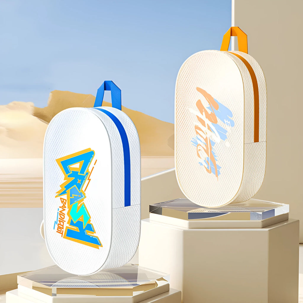 Waterproof orange EVA swimming storage bag showing 3-litre and 7-litre size options.
