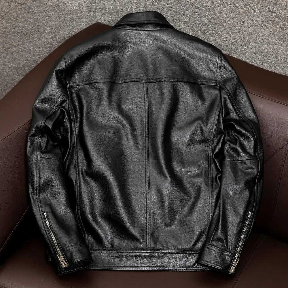 Men's plus size black retro Kaji style lapel leather jacket with side pockets