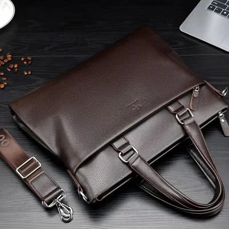 Men's black and brown PU leather business messenger bag with splicing style details