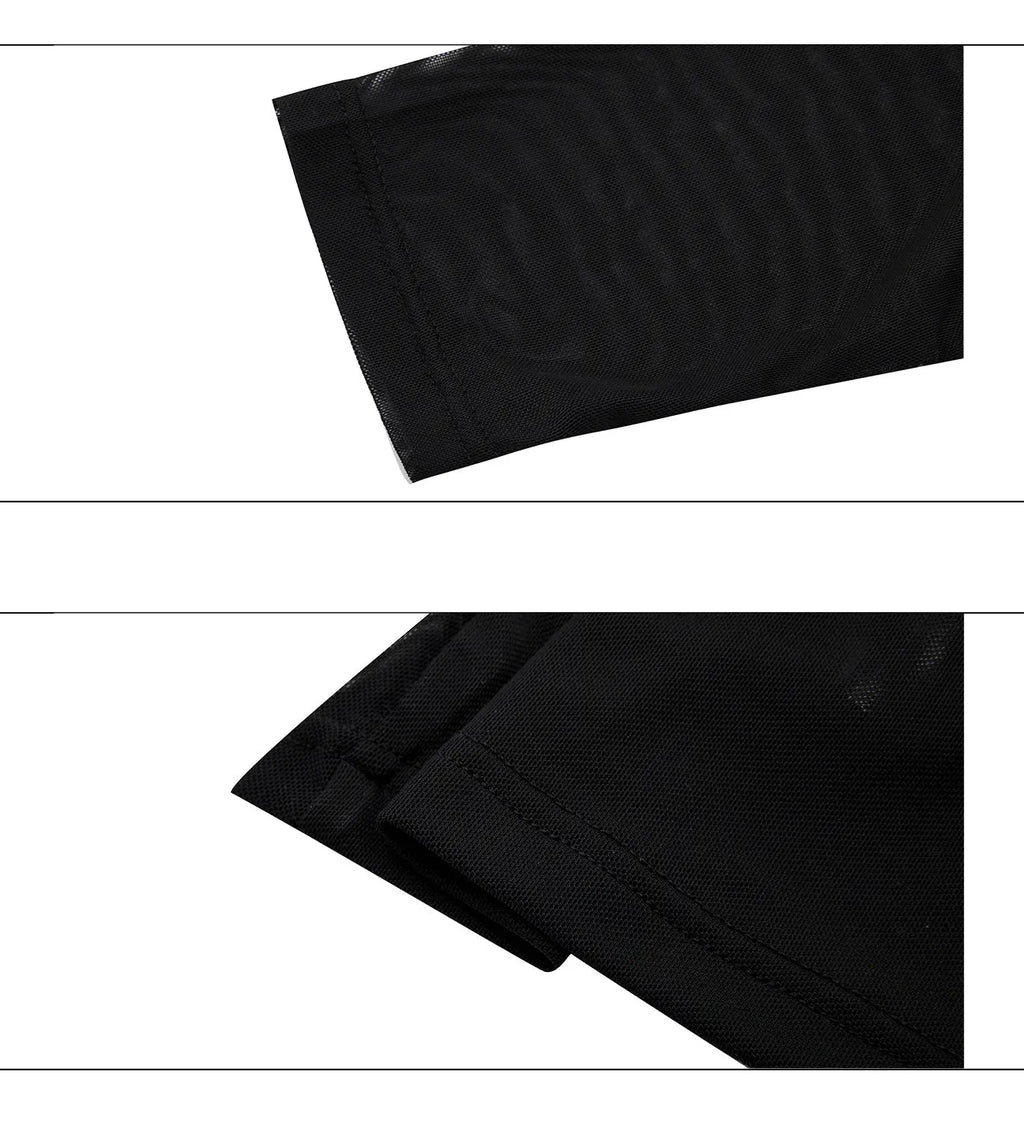 Black and white slim-fit long sleeve mesh bottoming shirt for men on a hanger.