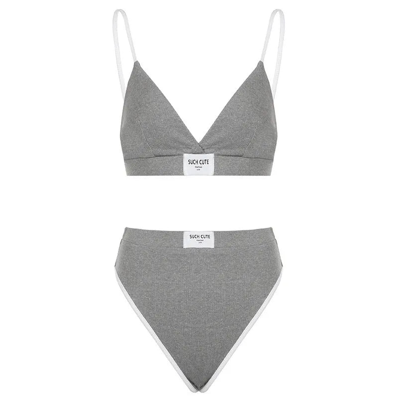 Women's embroidered bikini set with contrast binding in black, grey, or white