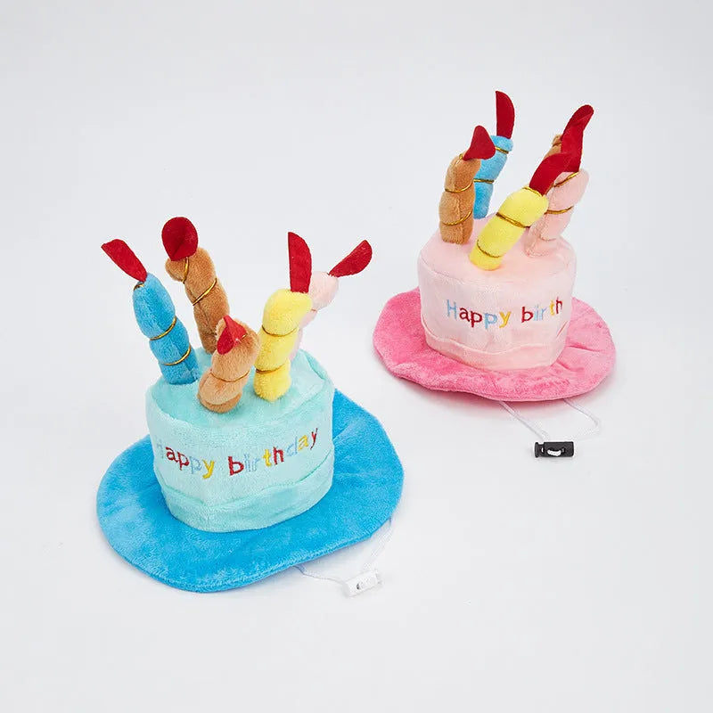Blue and pink birthday hat for small dogs measuring 21cm wide by 15cm tall