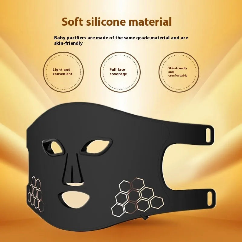 Four-colour LED photon beauty mask showing light therapy panels for facial and neck treatment