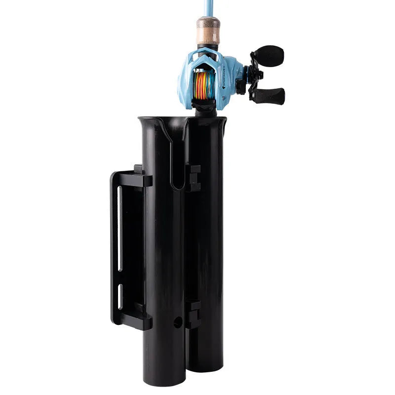 Black plastic double-layer fishing rod rack clamp mounted on a motorcycle carbon pipe frame