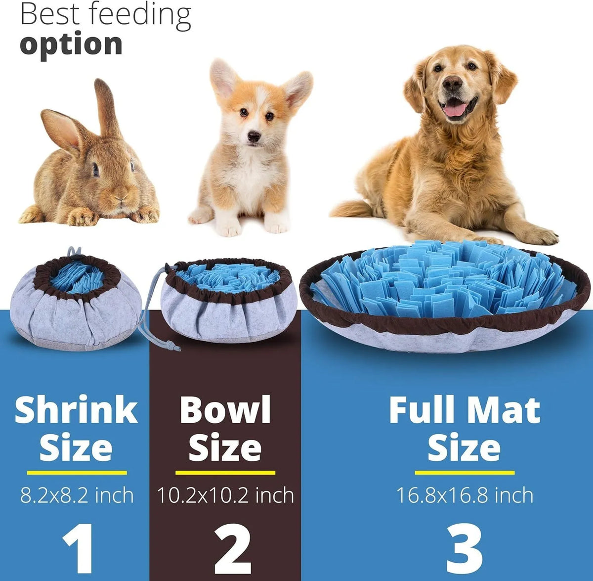 Blue adjustable snuffle mat for large dogs showing fabric pockets for hiding treats