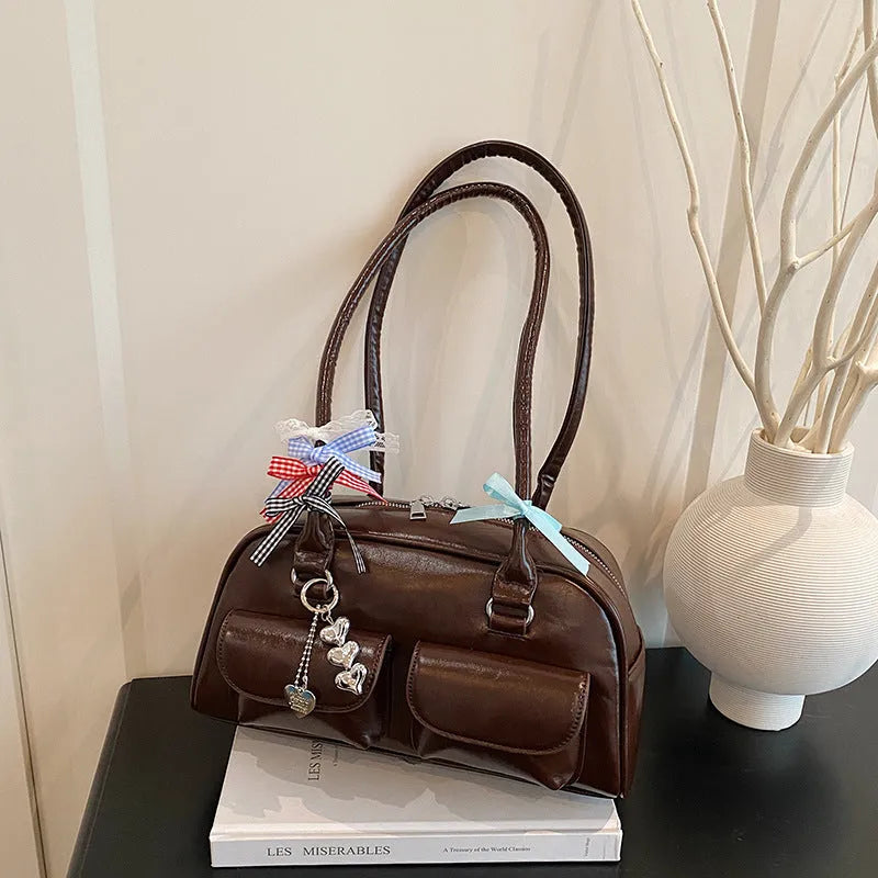 Retro pillow-shaped women's shoulder bag in PU leather with double straps