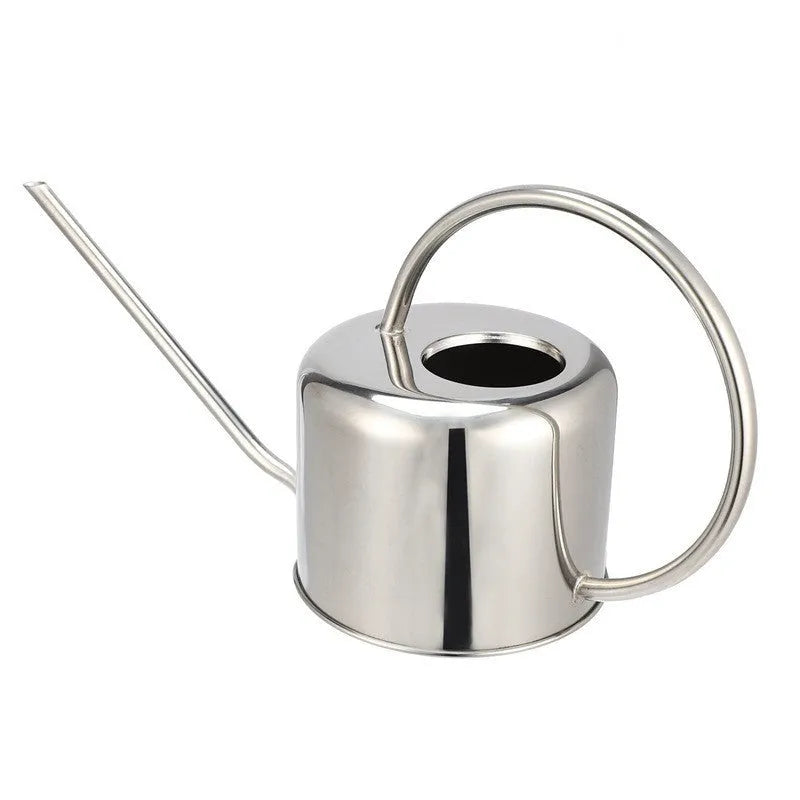 Stainless steel watering can with a long spout, holding 2 litres, shown in a garden setting.