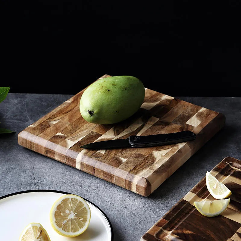 Brown solid wood chopping board with parquet pattern and 3cm thick edge