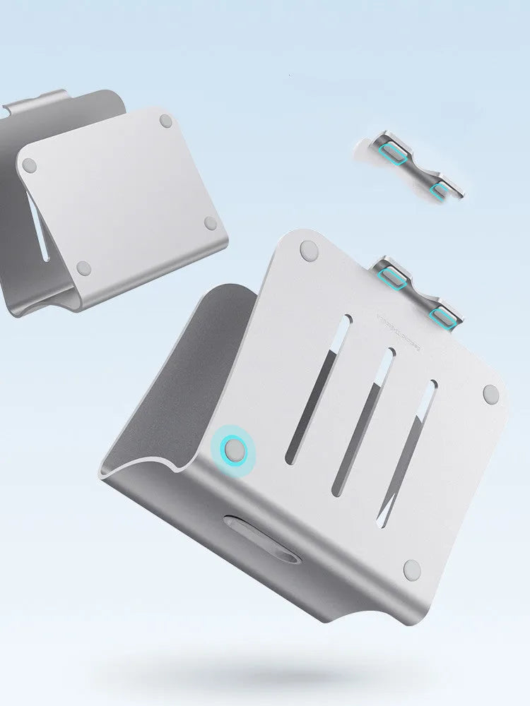 Aluminium notebook cooling bracket in silver with rotary hinge and textured stripes.