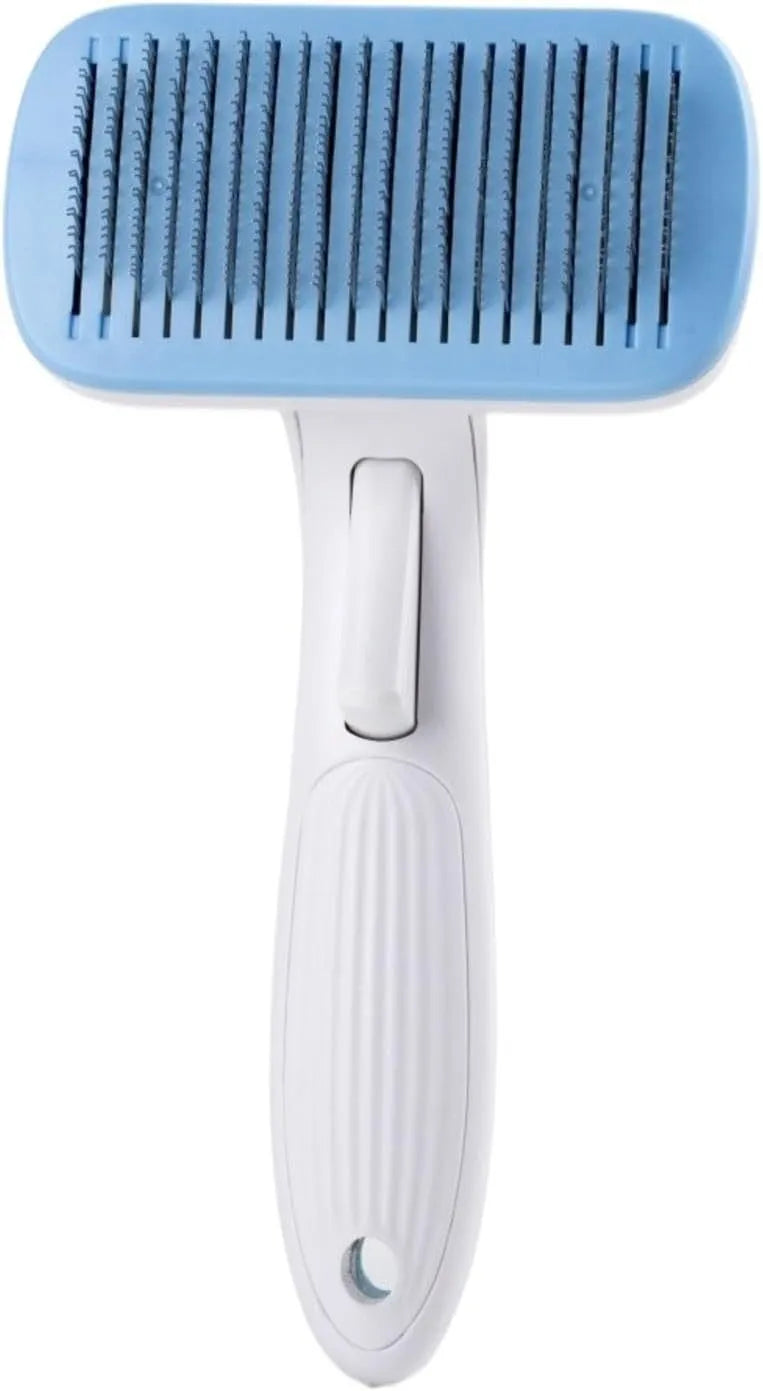 Automatic pet hair removal comb in blue for dogs and cats with one-click removal technology