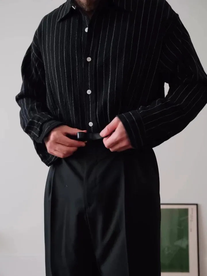 Men's black pinstriped button-down shirt with regular fit and striped design