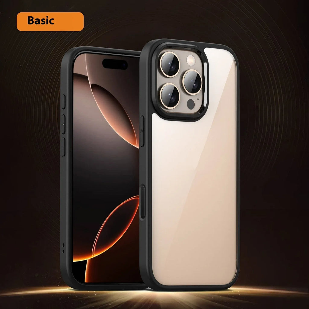Black transparent magnetic phone case with airbag protection for iPhone 16 models on a white background.
