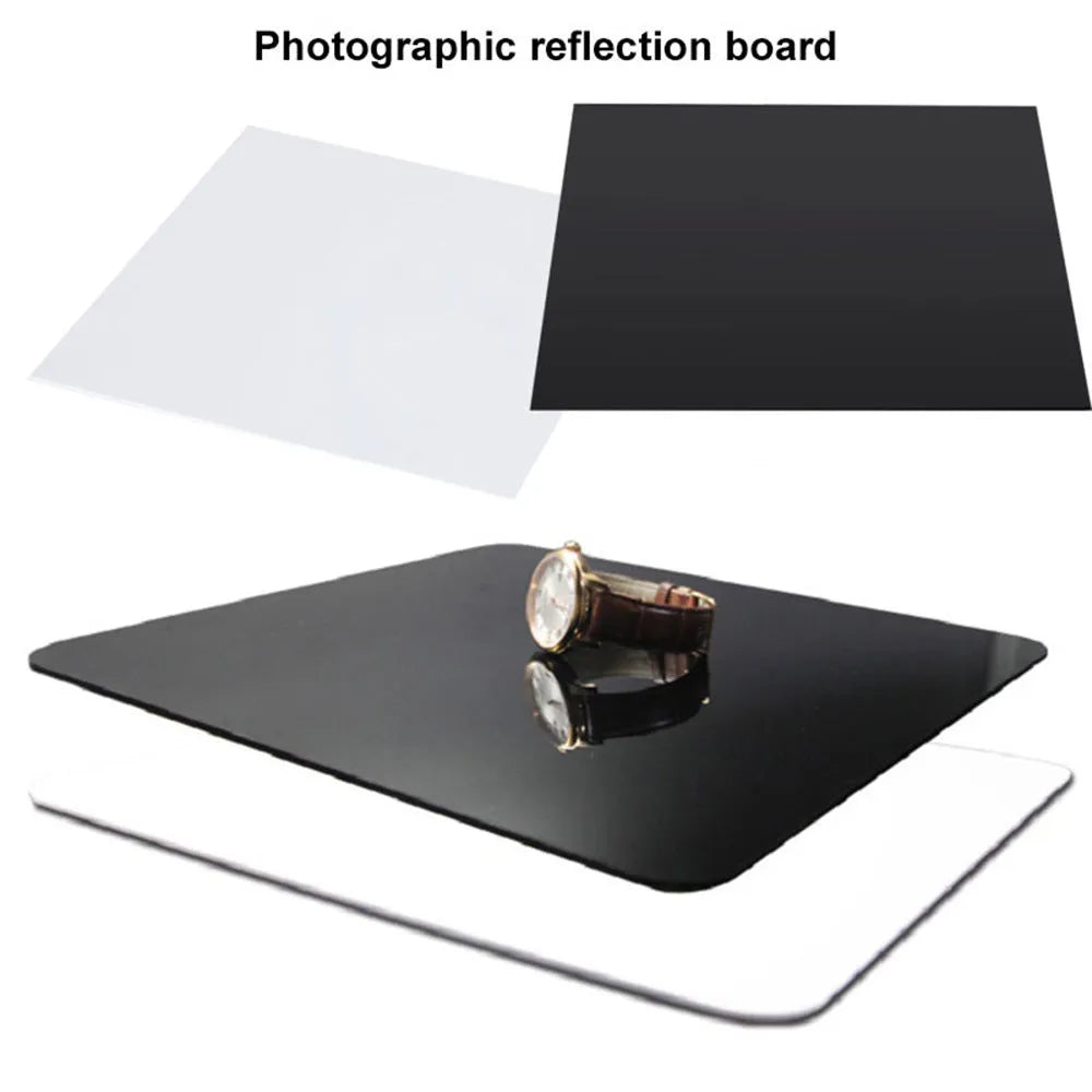 Black and white acrylic reflection boards in 20cm, 30cm, and 40cm square sizes for photography.