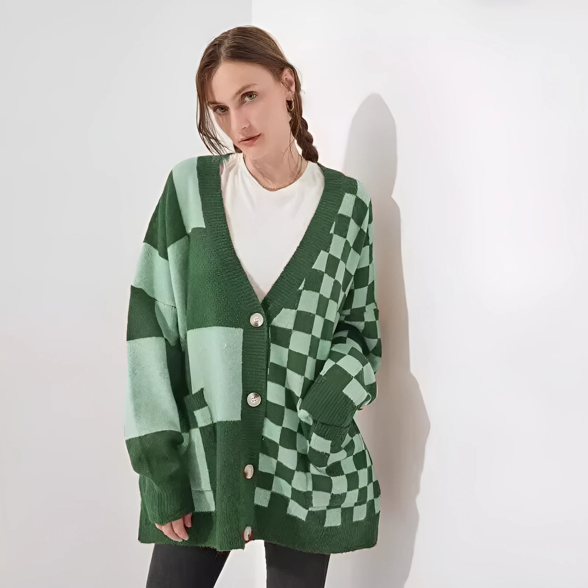 Printed checks pattern cardigan with loose slim fit and regular sleeves in polyester-spandex blend fabric