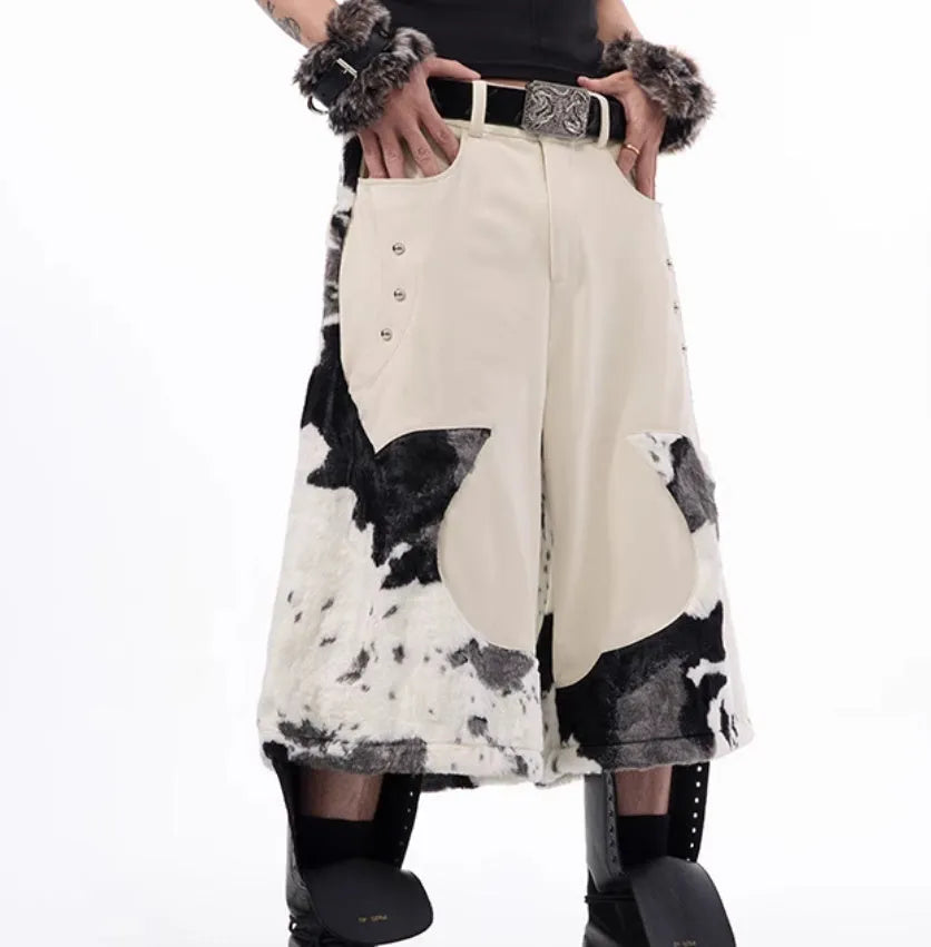 Milk fibre stitch-fur cropped trousers in a personalised pattern design, shown in size L.
