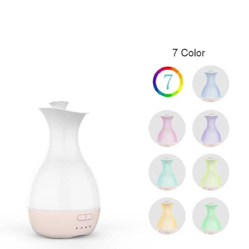 White ultrasonic aromatherapy vase with 200ml capacity, night light, and timer controls for home fragrance diffusion