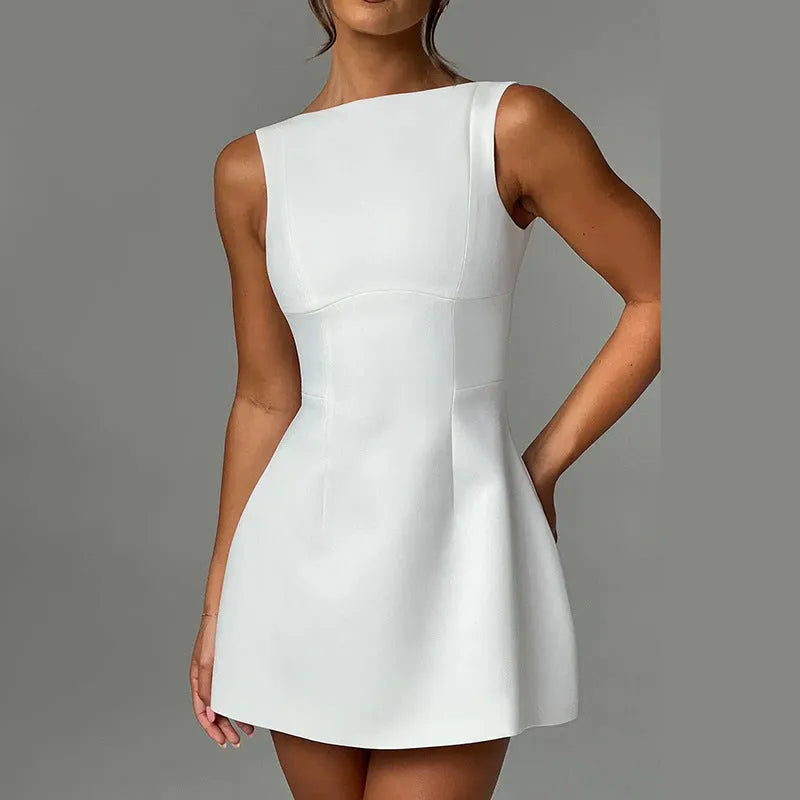 Women's slim-fitting backless sleeveless dress in a sling style with a high waist and short skirt.
