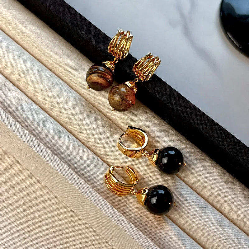 Gold-plated tigereye geometric earrings with circular details in brown or black French retro style