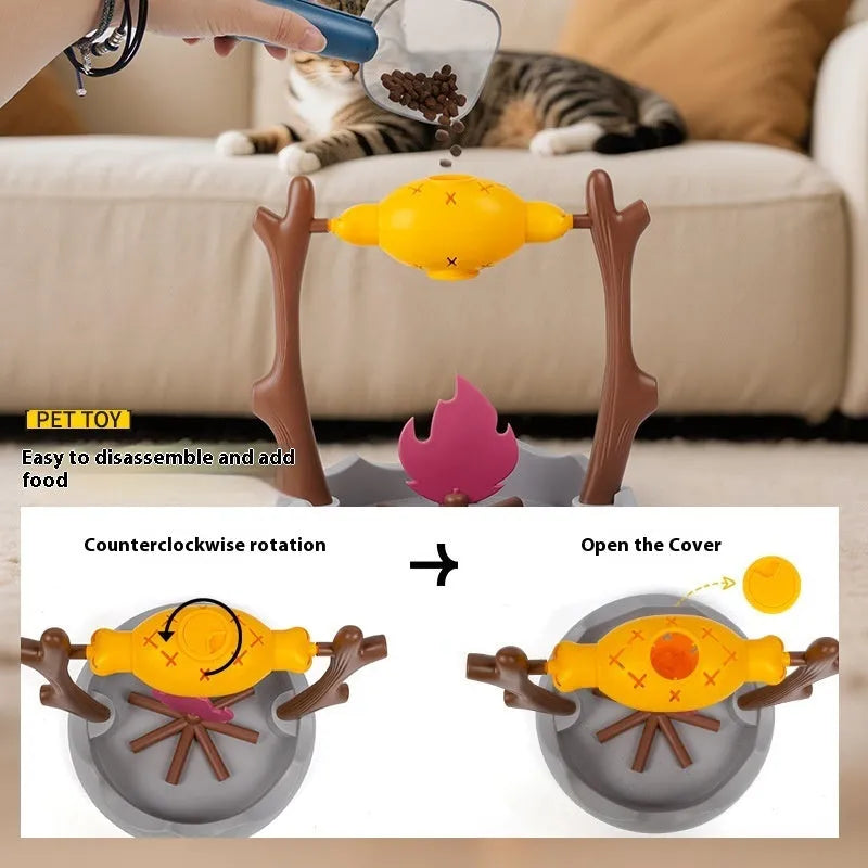 Barbecue grill style tumbling cat feeder toy with food dispensing mechanism 30cm dimensions