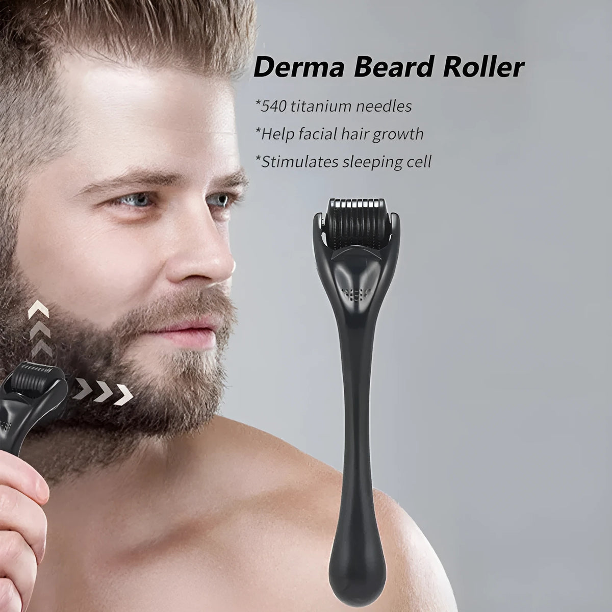 A black handled derma roller with a head containing 540 titanium microneedles, shown next to a purple handled version.