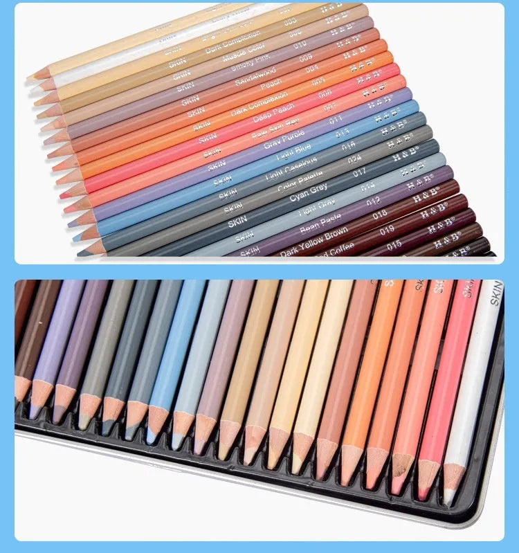 24 skin colour pencils in round iron box for portrait art with oil-based leads and HB hardness