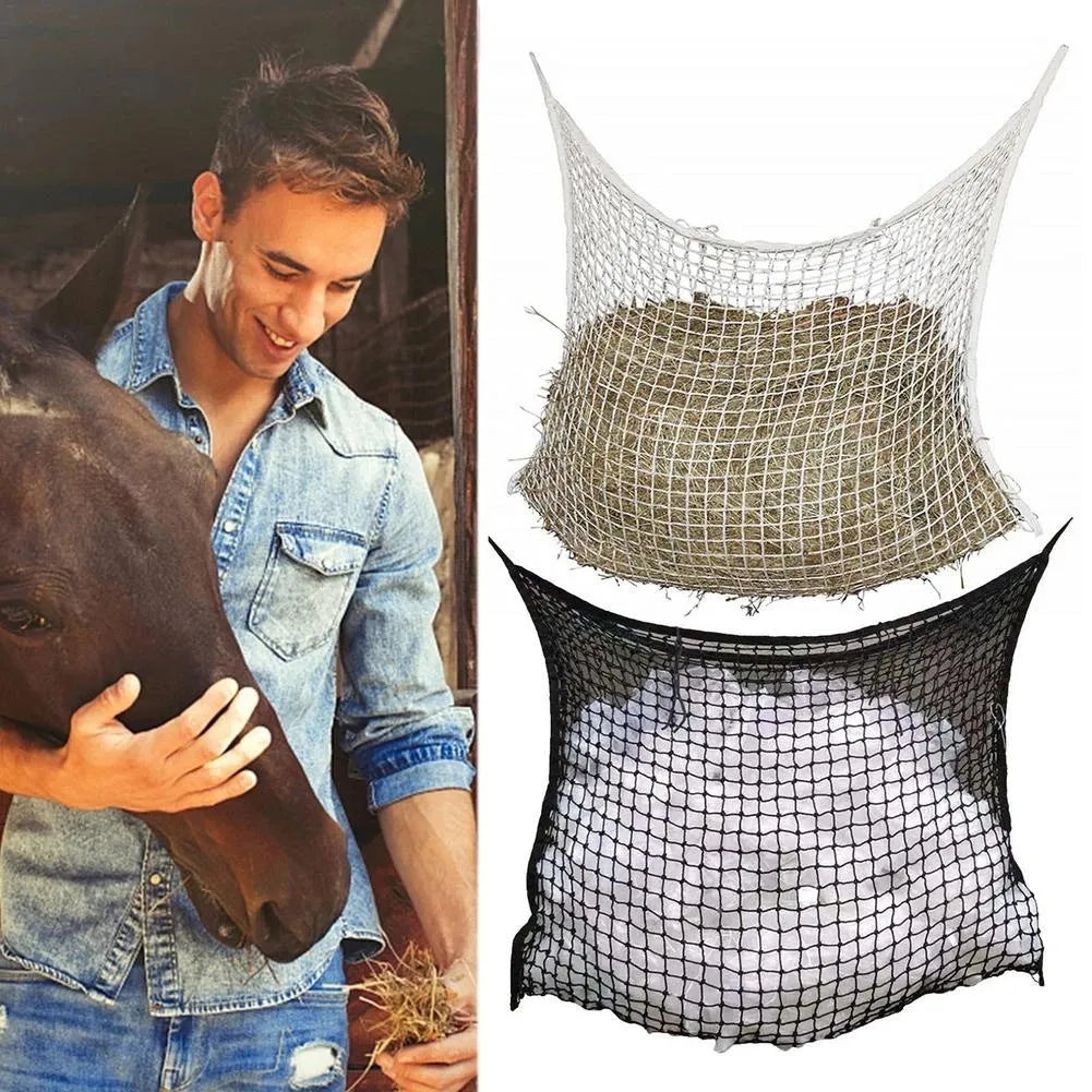 Woven grid hanging feeding bag made of PE rope, shown in black, suitable for horses and cattle.