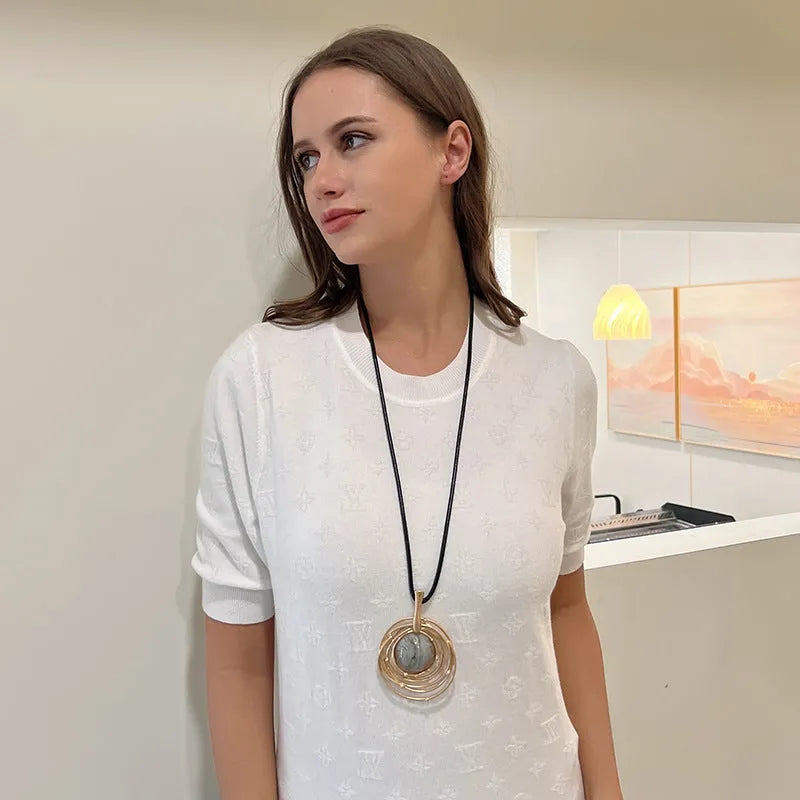 Vintage gold geometric plaid sweater chain necklace with snakeskin wax rope chain adjustable from 51cm to 80cm