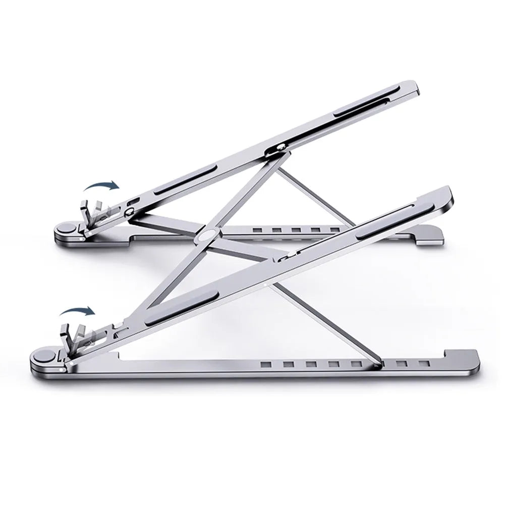 Silver aluminium laptop stand in folded and unfolded positions next to a 15-inch laptop.