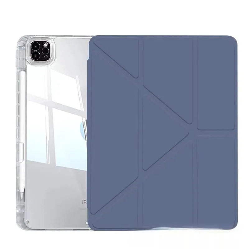 Transparent acrylic iPad protective cover with a folded-out stand in Light Purple colour.