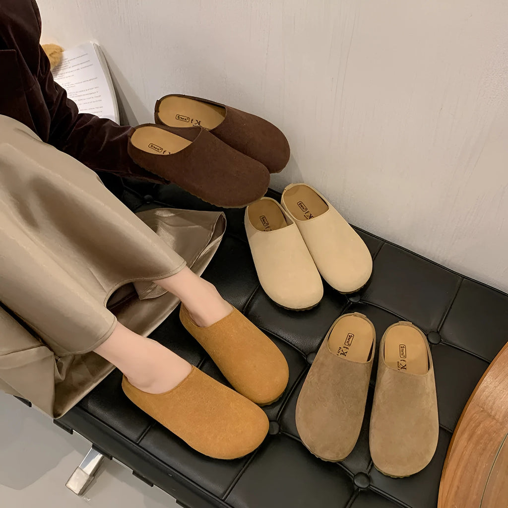 Square toe microfiber slip-on slippers in apricot brown camel and khaki colors for summer