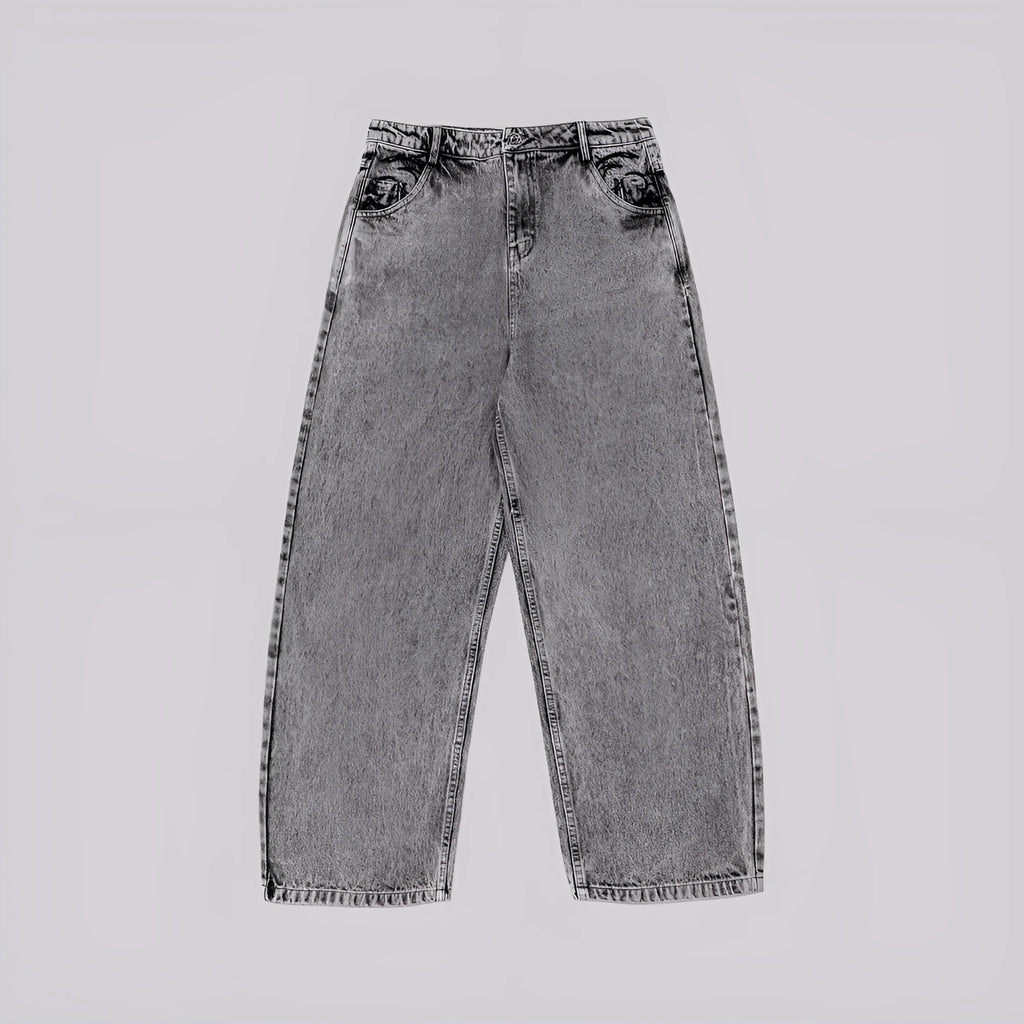 Grey loose straight-leg cotton denim trousers on a hanger