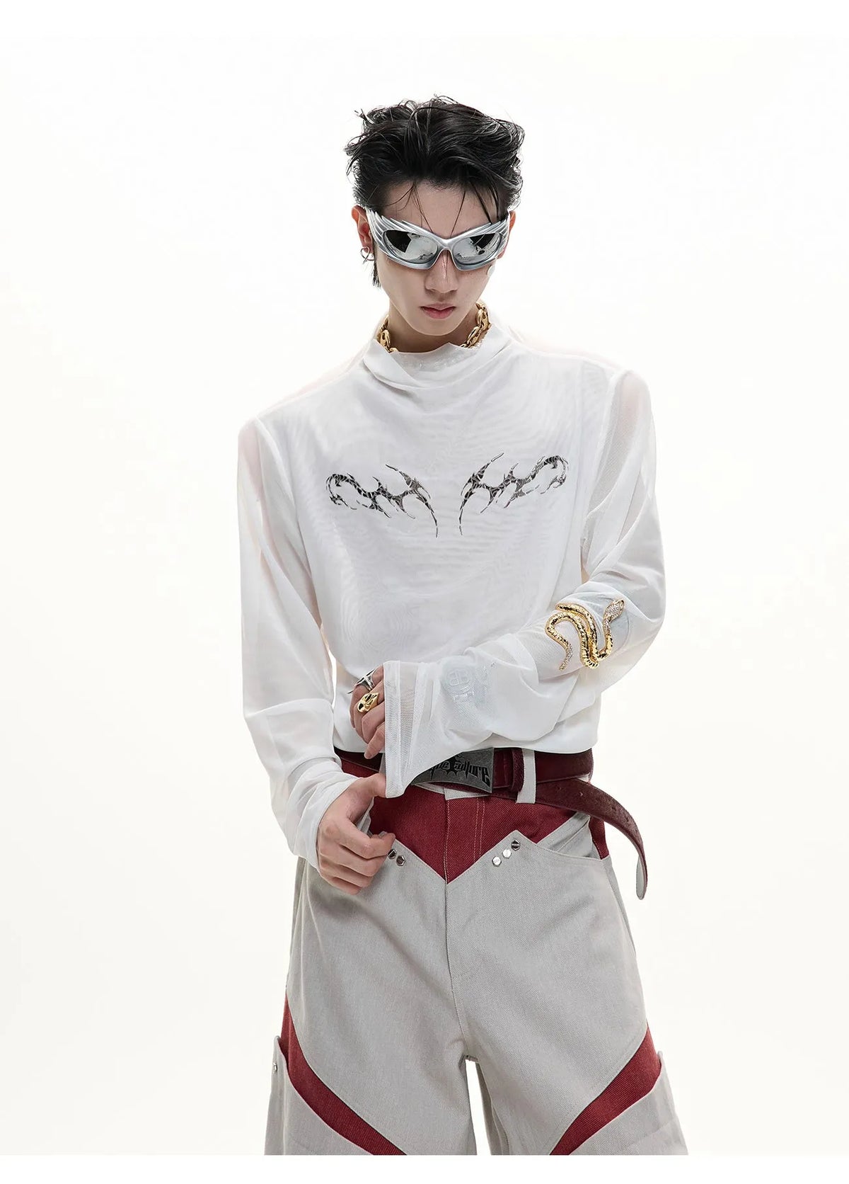 Black and white slim-fit long sleeve mesh bottoming shirt for men on a hanger.