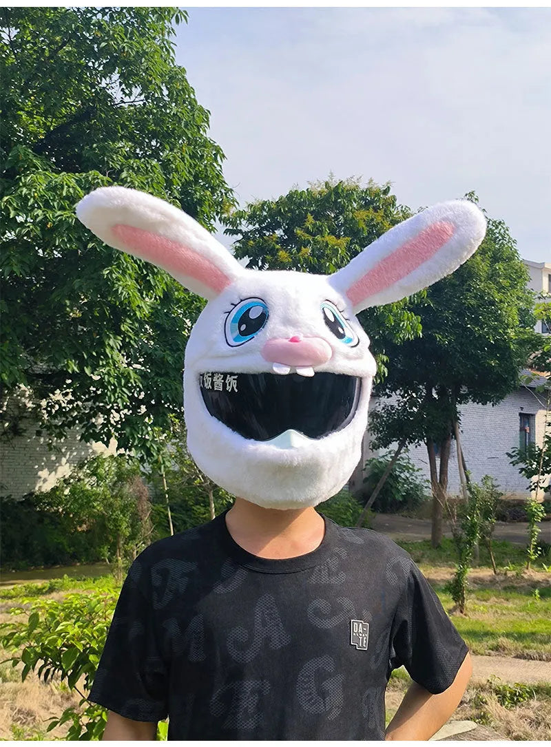 White rabbit head decorative cover on motorcycle helmet with long ears and plush pp cotton material
