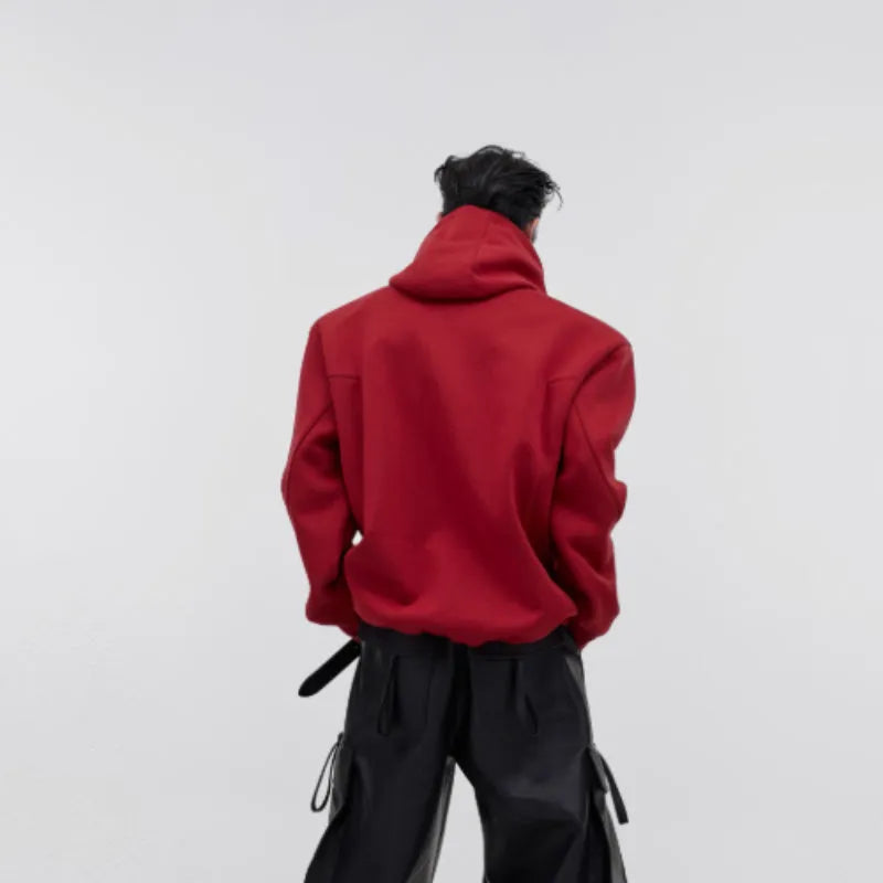 Men's loose fit hooded sweater with three-dimensional metal printing and heavy shoulder pads in red colour