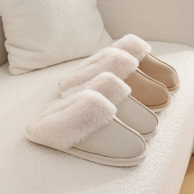 Brown plush women's slippers with a round toe, flat heel, and textured non-slip sole.