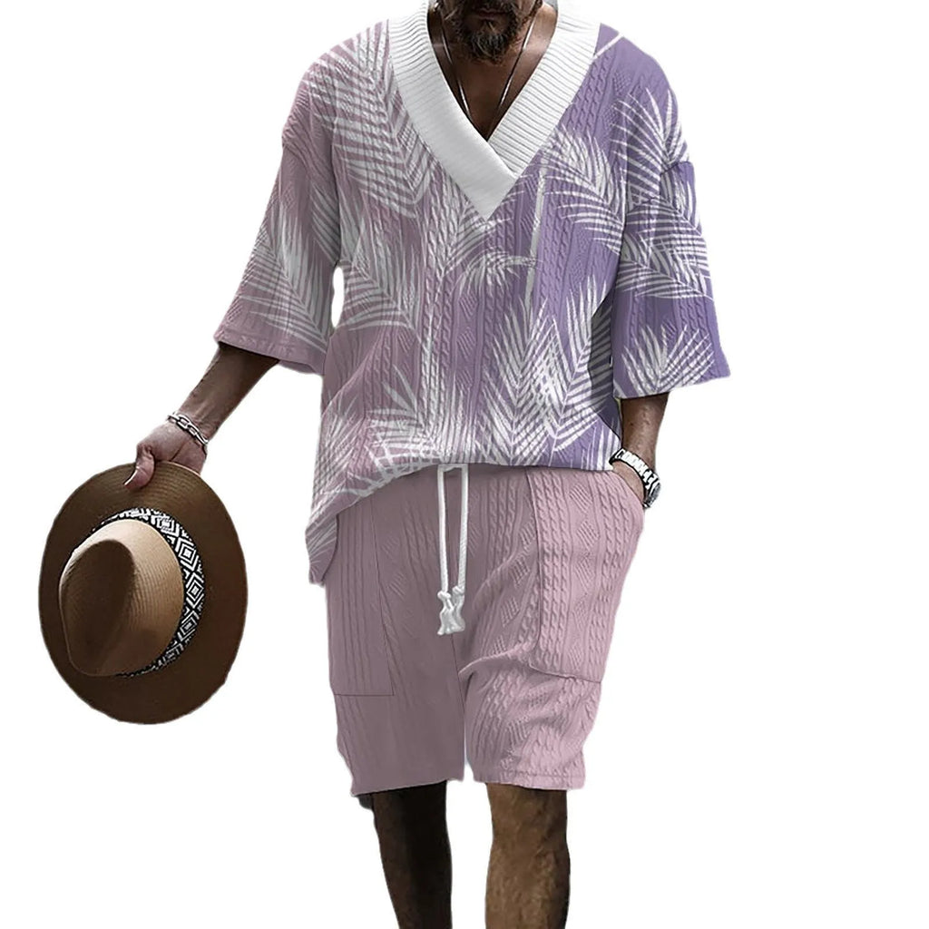 Men's printed drop-shoulder knitted top and shorts suit set in a grey colour.